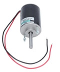 High Speed Permanent Magnet DC Motor 30W With Ball Bearings Runs Super Smooth And Quiet For Robotics DIY Projects CNC Accessories 12V 3500 RPM CW CCW Reversible Long Shaft Gear Drive System with red and black wires.