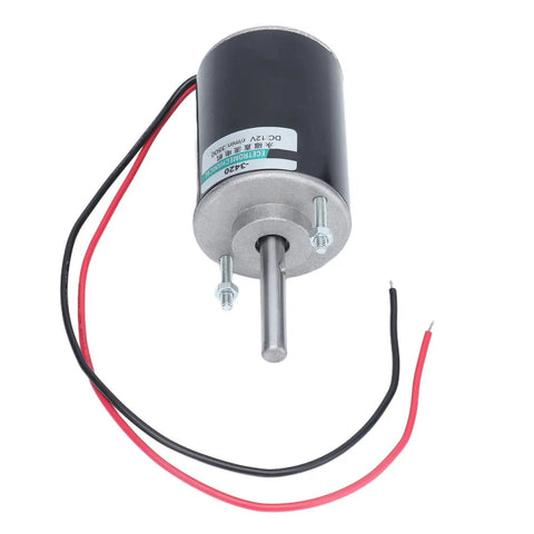 High Speed Permanent Magnet DC Motor 30W With Ball Bearings Runs Super Smooth And Quiet For Robotics DIY Projects CNC Accessories 12V 3500 RPM CW CCW Reversible Long Shaft Gear Drive System with red and black wires.