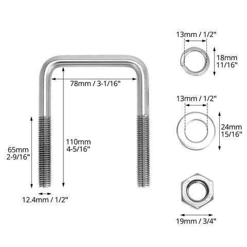 Heavy Duty 304 Stainless Steel U Bolts Four Pack With Lock Nuts And Washers For Boat Trailers And Three Inch Square Beams Half Inch