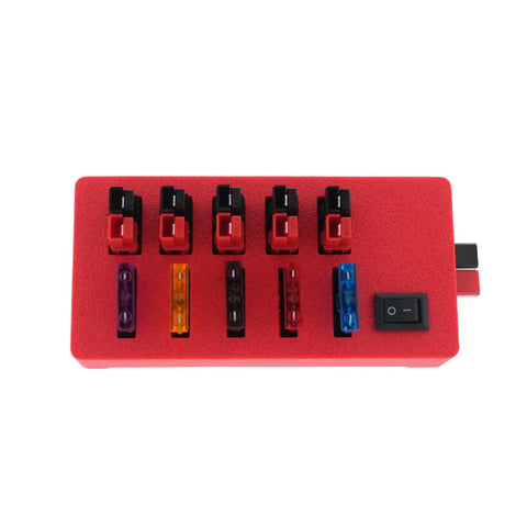 Top view of Six Way Fused DC Power Splitter Cable For Ham Radios And SDR Transceivers High Current 0 To 20V 30A Total Red Compact Power