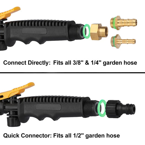 Pro Grade 44 Inch Sprayer Wand With Stainless Steel Build And Adjustable Reach Three Settings 12.5 28.4 43.7 Inches Built-In Shut-Off Valve Brass Barbs For 3/8 And 1/4 Inch Hoses Includes 2 Hose Clamps And 2 Hose Connectors Yellow with hose connectors detail