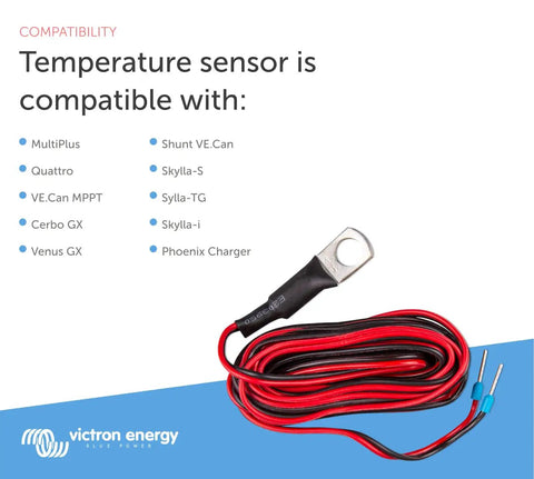 Temp Sensor Probe for Quattro and MultiPlus Inverters and Inverter Chargers, Compatible with Cerbo GX and Venus GX, Spare Part for Easy Plug and Play Battery Temp Monitoring and Safe System Performance, red-black cable with ring terminal