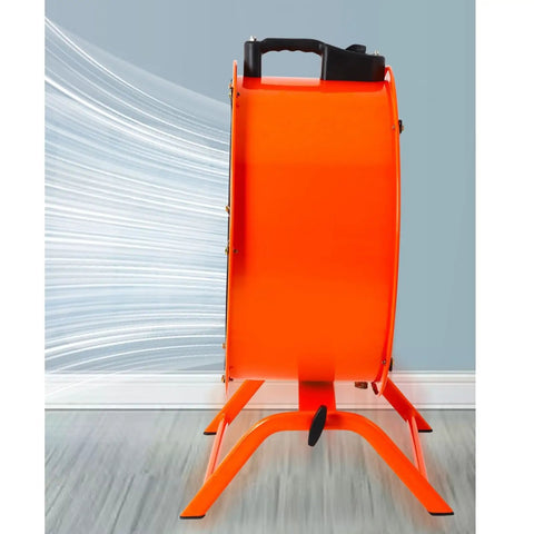 Built Like A Tank 20 Inch Heavy Duty Industrial Floor Fan With Oscillating Head, orange steel fan blowing air sideways.