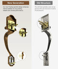 Comparison of a vintage brass front door handle no lock for exterior doors with classic entry design, showing reversible feature.