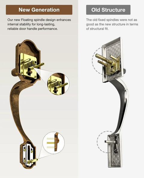 Comparison of a vintage brass front door handle no lock for exterior doors with classic entry design, showing reversible feature.
