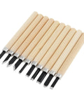 Pro Grade Ten Piece Wood Carving Chisel Set Forged From Heat Treated Chrome Vanadium Steel With Comfortable Wooden Handles showing ten specialized chisels.