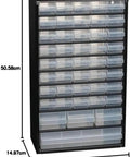 Heavy Duty Steel 44 Drawer Storage Cabinet With Clear Plastic Drawers For Small Parts Organizer Nuts Bolts Screws Tools And Hardware Wall Or Workbench Mounted Durable Cabinet For Shop. Front view.