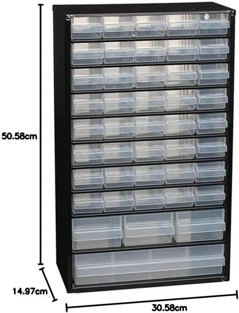 Heavy Duty Steel 44 Drawer Storage Cabinet With Clear Plastic Drawers For Small Parts Organizer Nuts Bolts Screws Tools And Hardware Wall Or Workbench Mounted Durable Cabinet For Shop. Front view.