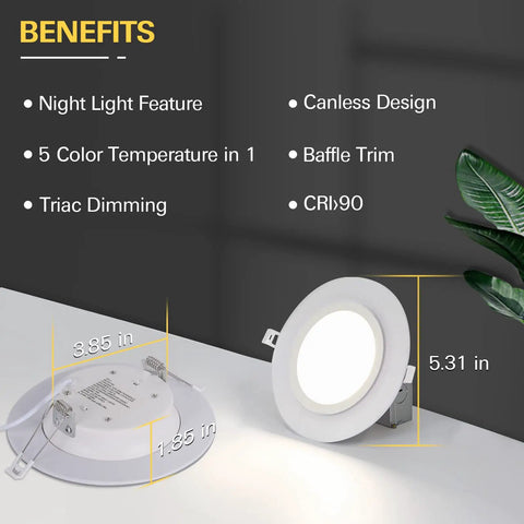 Diagram showing 12 Pack 4 Inch 5CCT LED Recessed Ceiling Lights With Night Light CRI90 850 Lumen 10.5W 80W Equivalent dimensions and features.