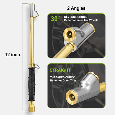12 Inch Dual Air Chuck for Tires With 1 Quarter Inch FNPT Adapters showing straight and 30 degree reverse chucks