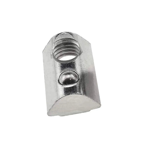 Close-up of M8 Roll In T Slot Nuts for 4040 aluminum extrusion, nickel plated carbon steel with spring ball, ideal for 3D printers and CNC builds.