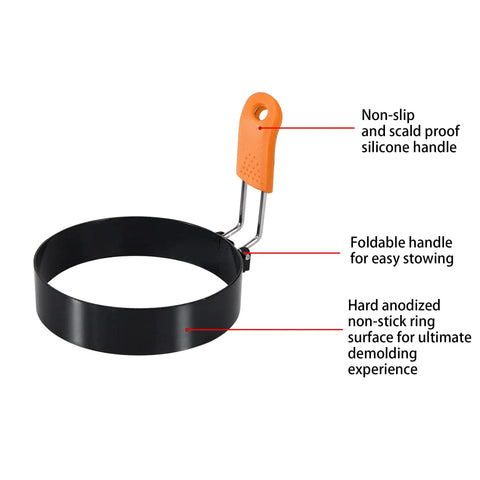 Set Of 6 Round Egg Rings And Pancake Molds With Silicone Handles, 3.5 Inch And 6 Inch Sizes, featuring a non-stick ring and foldable handle.