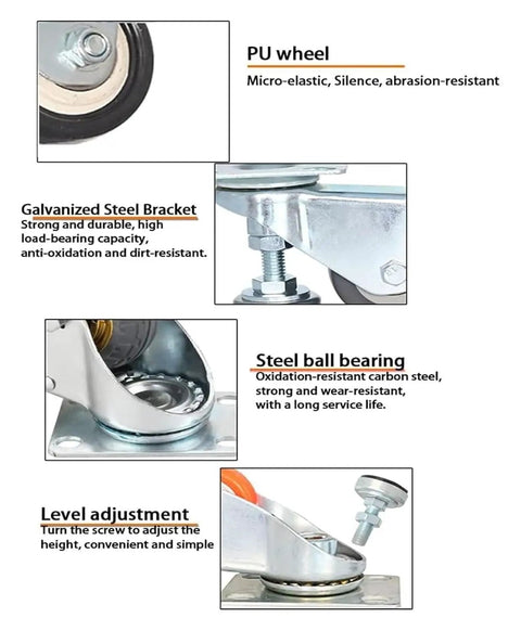 Close-up of Heavy Duty Leveling Caster Wheels Featuring Two Inch Polyurethane Swivel Rollers and Quick Adjust Feet for Shop Tables.