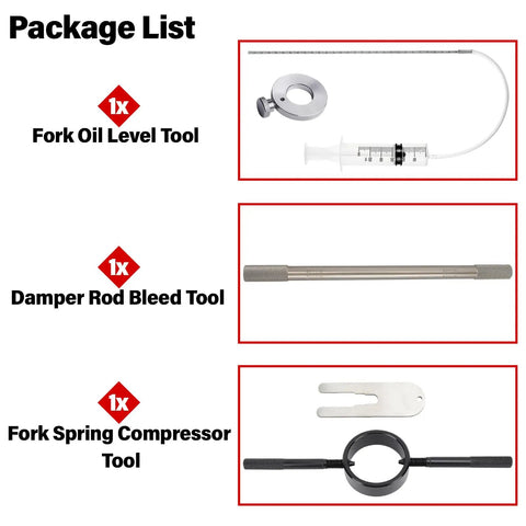 Package list for Motorcycle Fork Service Kit With Oil Level Tool Fork Spring Compressor And Damper Rod Bleed Tool Three Piece Fork Tool Set