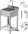 Stainless Steel Utility Sink With Free Standing Design For Indoor Or Outdoor Use Ideal For Kitchens, Garages, Laundry Rooms, Backyards Or Campsites Includes Storage Shelves, Drainer, And Faucet Combo With Strainer assembly kit