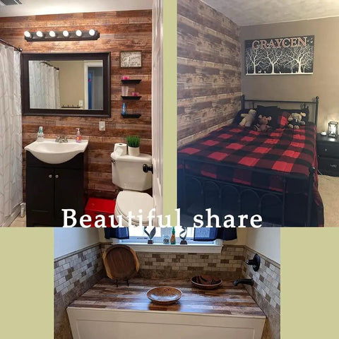 Bathroom and bedroom decor using Faux Wood Peel And Stick Wallpaper Self Adhesive Vinyl Decorative Removable Waterproof Brown.