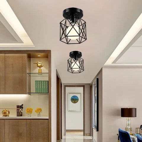 Dope Industrial Semi Flush Mount Ceiling Light Featuring A Sick Black Cage Design And Rustic Vintage Vibe, fits compact spaces.