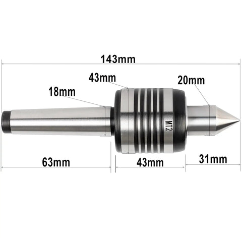 MT2 Morse Taper Live Center for Lathe Tailstock, rock-solid 60-degree point with precise measurements displayed, for metalworking and wood turning.