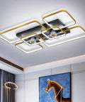 Slick Led Semi Flush Ceiling Fan Light Fixture With Remote Control And Modern Minimalist Rectangular Blades In Gold And Black Finish.