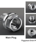 Front view of stainless steel DEEFILL M14.1-1.5 x 15mm oversize piggyback oil drain plug

Side view of stainless steel DEEFILL piggyback oil drain plug with threaded shank

Close-up of hex socket and threads on the oil drain plug

Installed view showing piggyback drain plug with O-ring seal
