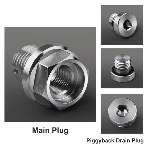 Front view of stainless steel DEEFILL M14.1-1.5 x 15mm oversize piggyback oil drain plug

Side view of stainless steel DEEFILL piggyback oil drain plug with threaded shank

Close-up of hex socket and threads on the oil drain plug

Installed view showing piggyback drain plug with O-ring seal