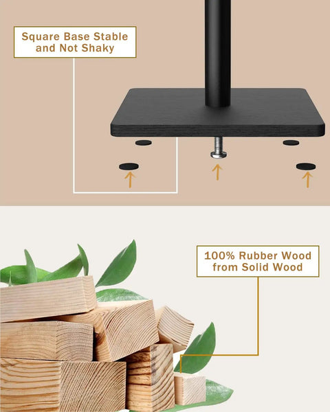 Solid Beech Wood Coat Rack Tree With Eight Hooks And Three Adjustable Heights For Bedroom Hallway Entry And Office Black Finish 11.8 By 70.8 Inches Square Base 1 Pack, close-up of square black base and rubber wood material.