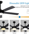 52 Inch Wood Ceiling Fan With Light And Remote Cool Five Blade Design Six Speed Levels LED Dimmable Reversible Motor Ideal For Farmhouse Bedroom Or Living Room Black And Dark Brown Wood Finish with three adjustable color temperatures.