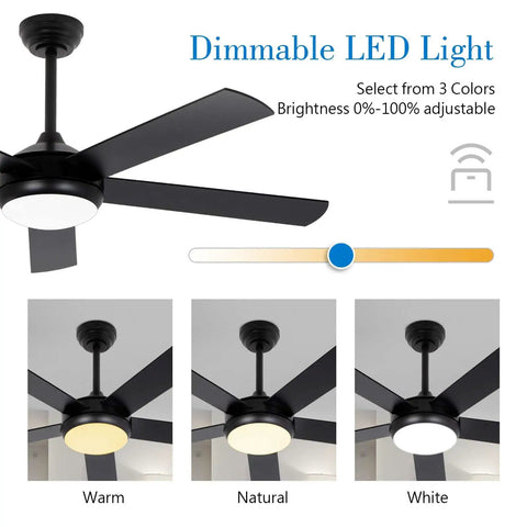 52 Inch Wood Ceiling Fan With Light And Remote Cool Five Blade Design Six Speed Levels LED Dimmable Reversible Motor Ideal For Farmhouse Bedroom Or Living Room Black And Dark Brown Wood Finish with three adjustable color temperatures.