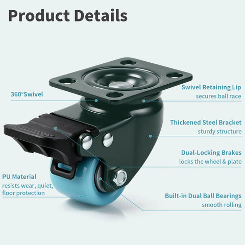 Heavy Duty Swivel Plate Casters With Brakes Polyurethane Tread Rolls Smooth As Silk Indoors set showing 360° swivel and dual-lock brakes.