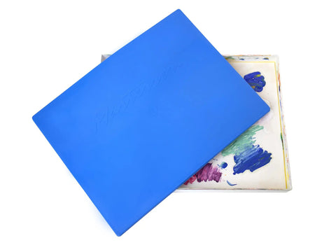 Pro Grade Studio Size Palette Storage Case 12 By 16 Inches For Full Size Artist Palettes With Sealing Lid And Tray blue lid over paint palette