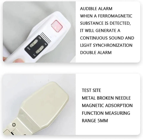Audible alarm feature of Needle Detector For Textiles And Clothing, High Sensitivity Metal Scanner shown with test site detail.