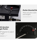Rock Solid 24V Micro Table Saw With A Beefy 100W Motor And 7200 Rpm For Quick Cuts Up To 40mm Deep showing angle pusher and scale adjustments.