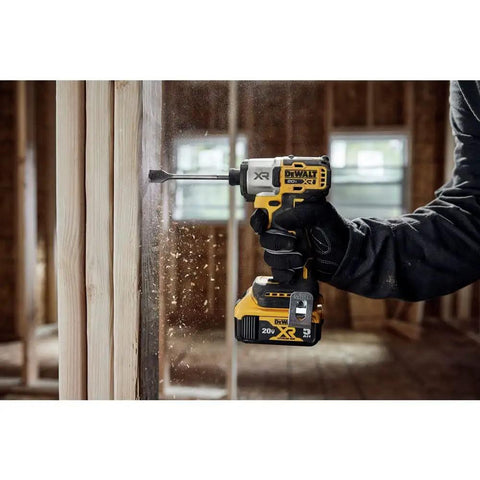 Cordless 20V Max Brushless Impact Driver Delivers Knockout 1825 Inch Pounds Torque And Blistering 3400 RPM Across Three Speed Settings Featuring Smart Variable Trigger Bright Built In Light And Ships Ready To Roll With Full Battery Charger Kit For Tough in action drilling through wood.