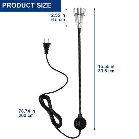 Hella Bright Magnetic Led Work Light Featuring A Slick Flexible Gooseneck Neck showing product size with cable and dimensions.