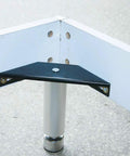Built Tough Corner Brace Set 2 Pack Heavy Duty Bed Frame Brackets installed, black trapezoid flange angles, metal gusset plates