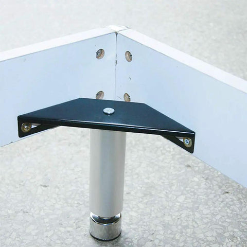 Built Tough Corner Brace Set 2 Pack Heavy Duty Bed Frame Brackets installed, black trapezoid flange angles, metal gusset plates