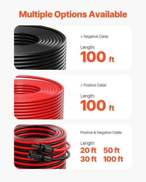 10 AWG Solar Panel Extension Cable 6mm² PV Wire With Waterproof MC4 Connectors, 100 Ft Black and Red Two Pack, IP67 Waterproof