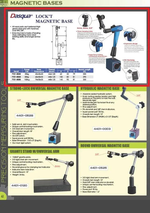 Heavy Duty Magnetic Base For Dial Indicators With 275mm Arm, 176 Lb Pull, Six Mm, Eight Mm, And Three Eighths Inch Clamping Holes, CNC Machined Bearing Steel Frame, Rock Solid Locking Arm, Model 7121 0025