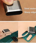 52 Shape Style Leather Hole Punch Tool Set With 52 Shapes in use on leather material, showing sharp edge and steel material for precise crafting