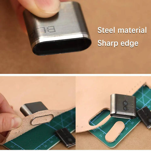 52 Shape Style Leather Hole Punch Tool Set With 52 Shapes in use on leather material, showing sharp edge and steel material for precise crafting
