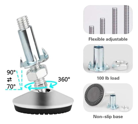 Rock Solid Furniture Leveling Feet 4 Pack Adjustable Swivel Levelers With T Nut Bolt showing 360 degree swivel and anti-slip base.