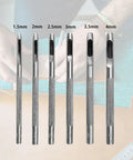 Six Piece Beefy Metal Hollow Hole Punch Kit For Leather Belt DIY Crafts 1.5mm To 4mm Hole Punch Set For Leather Paper And Wallet Making Pro Grade Durable Steel Tools displayed on workspace with size labels
