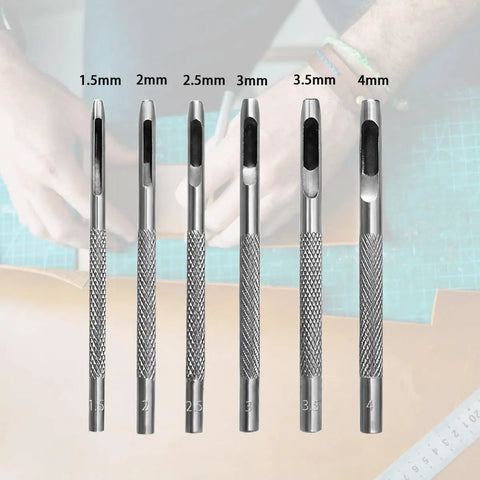 Six Piece Beefy Metal Hollow Hole Punch Kit For Leather Belt DIY Crafts 1.5mm To 4mm Hole Punch Set For Leather Paper And Wallet Making Pro Grade Durable Steel Tools displayed on workspace with size labels