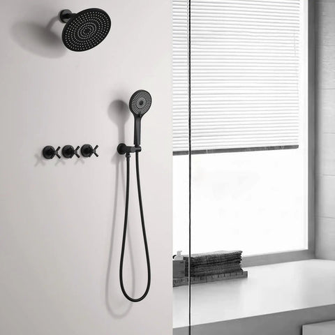 Matte Black High Pressure Shower System With 9 Inch Round Shower Head And 3 Handle Wall Mounted Faucet, Rough-In Valve Included