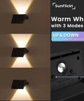 Solar Fence Lights Outdoor 6 Pack Up And Down Wall Lights Warm White Weatherproof Yard Decor Skip The Wiring Hustle With Dusk To Dawn Sensor For Ultimate Patio Vibes showing warm LED light direction settings.