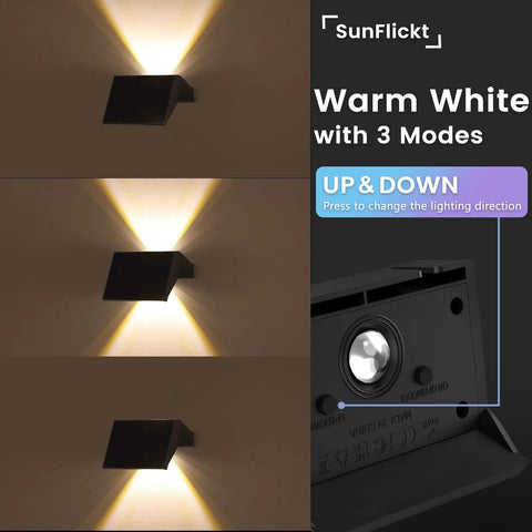 Solar Fence Lights Outdoor 6 Pack Up And Down Wall Lights Warm White Weatherproof Yard Decor Skip The Wiring Hustle With Dusk To Dawn Sensor For Ultimate Patio Vibes showing warm LED light direction settings.