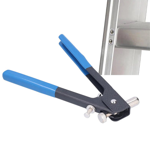 Rivet Nut Gun Kit With Mandrels M3 To M8, 86 Piece Manual Hand Riveter Set With Wrench, durable grip, shown beside metal panel