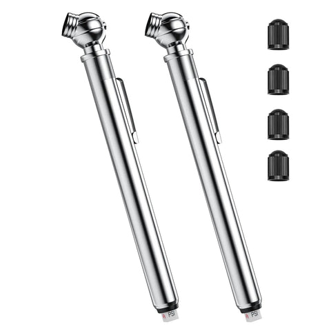 2 Pack Slim Pencil Tire Pressure Gauge Set With 10-75 PSI Range, 70-550 kPa And 0.7-5.5 Bar, Three Units, Stainless Steel with Tire Caps