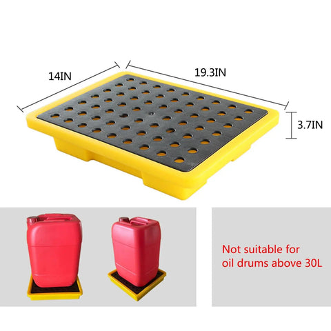 Nestable Oil Drum Spill Pallet With Leak Proof Tray Yellow Garage Storage Solution shown with dimensions
