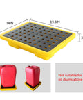 Leak-Proof Oil Drum Spill Containment Tray With Drain, Detachable Anti-Slip Platform shown with dimensions and red container